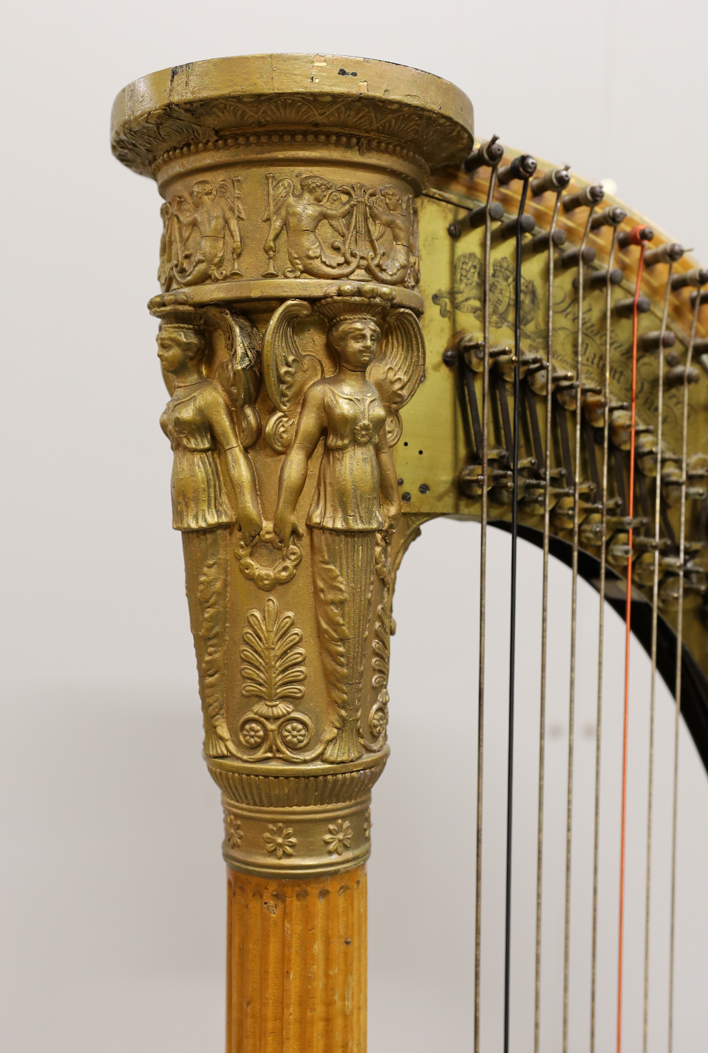 A seven pedal harp by Sebastian Erard, 18 Great Marlborough St. London, Patent N4164, cedar soundboard, fluted pillar with gilt Classical style capital, 170.5cm high